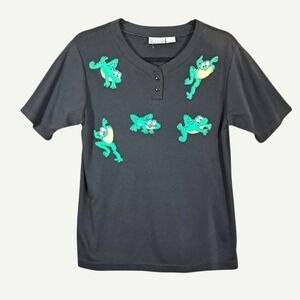 Vtg Henley Tee Women Small Glitter Frogs Black Short Sleeve Shirt USA  Funny 90s